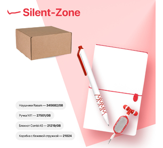 Набор подарочный SILENT-ZONE: бизнес-блокнот, ручка, наушники, коробка, стружка, бело-красный