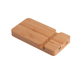 Беспроводное (10W) зарядное устройство "Bamboo Power" 5000 mAh с подставкой под смартфон, бамбук