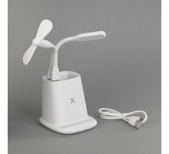 Карандашница "Smart Stand" с беспроводным зарядным устройством, вентилятором и лампой (2USB разъёма)