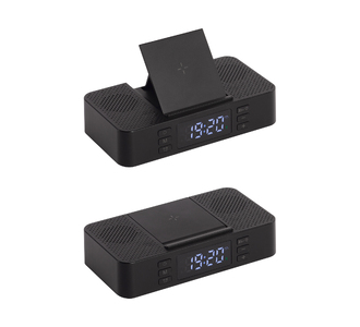 Настольные часы "Smart Box" с bluetooth колонкой (2х3Вт), беспроводным (15W) зарядным устройством и складной подставкой под смартфон