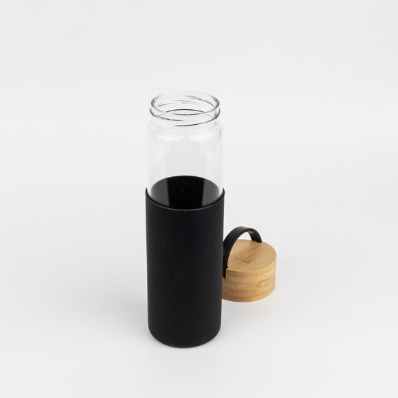 Бутылка стеклянная с силиконовой манжетой и бамбуковой крышкой  Glass, черная-2