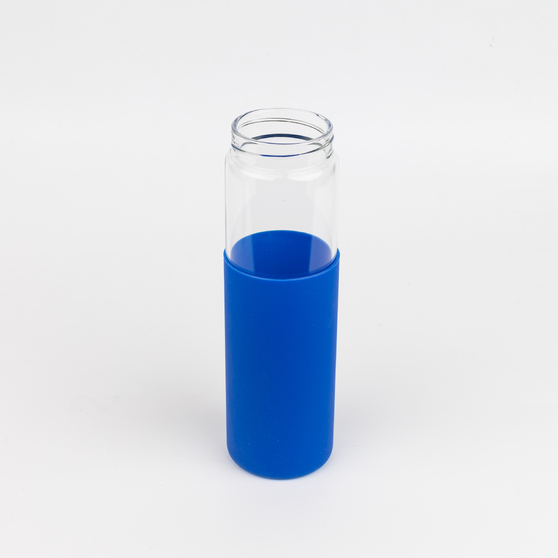 Бутылка стеклянная с силиконовой манжетой и бамбуковой крышкой  Glass, синяя-2