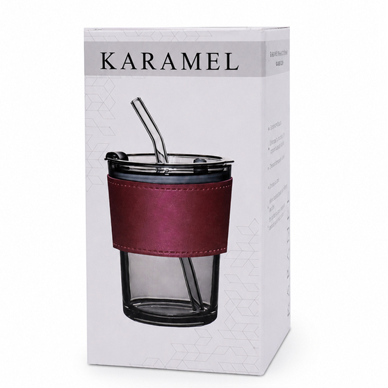 Стакан стеклянный с трубочкой и капхолдером Karamel, бордовый.-4