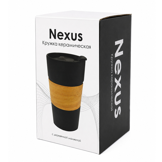 Кружка керамическая с деревянной манжетой Nexus, чёрная-7