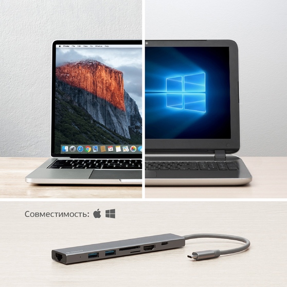 USB Type-C хаб 7-в-1, HDMI, Power Delivery, 2xUSB 3.0, RJ45, microSD/SD-3