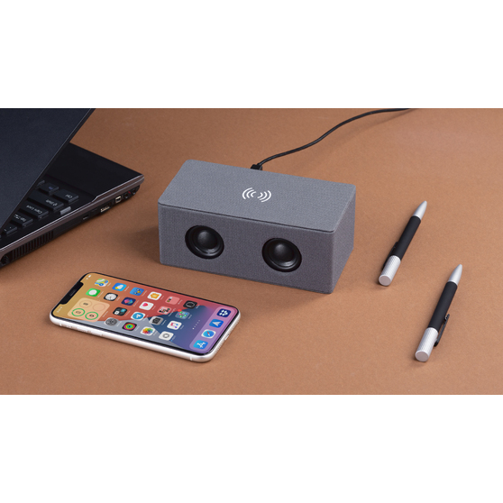 Bluetooth колонка "Cool Gray" с двумя динамиками (2х3Вт) и беспроводным зарядным устройством, переработанный пластик (RPET)-1
