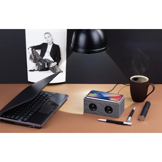 Bluetooth колонка "Cool Gray" с двумя динамиками (2х3Вт) и беспроводным зарядным устройством, переработанный пластик (RPET)-4