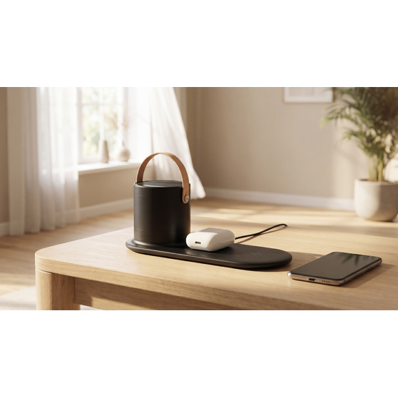 Настольная беспроводная (15W) зарядная станция "Blacksmith" с bluetooth колонкой с подсветкой логотипа-2