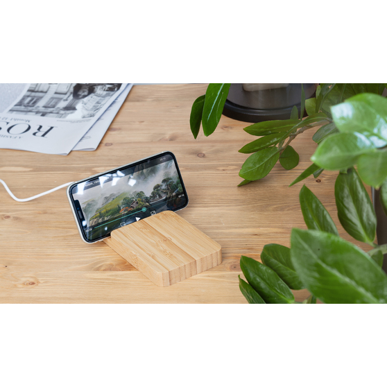 Беспроводное (10W) зарядное устройство "Bamboo Power" 5000 mAh с подставкой под смартфон, бамбук-1