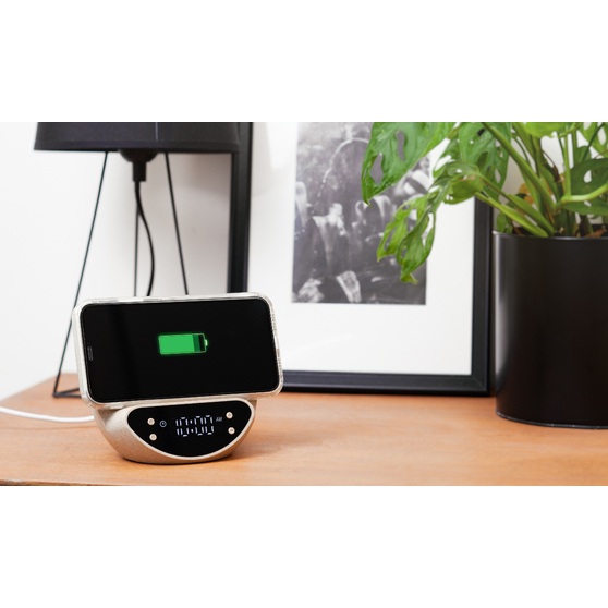 Настольные часы "Smiley" с беспроводным (10W) зарядным устройством и будильником, пшеница/бамбук/пластик-1