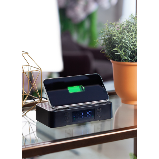 Настольные часы "Smart Box" с bluetooth колонкой (2х3Вт), беспроводным (15W) зарядным устройством и складной подставкой под смартфон-1