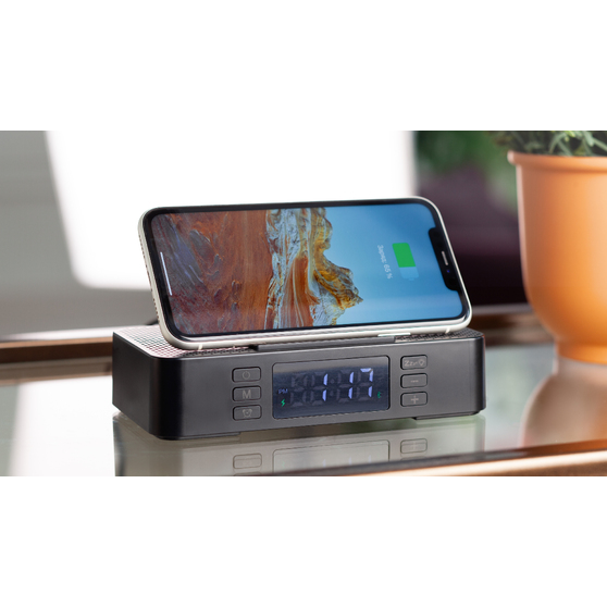 Настольные часы "Smart Box" с bluetooth колонкой (2х3Вт), беспроводным (15W) зарядным устройством и складной подставкой под смартфон-2