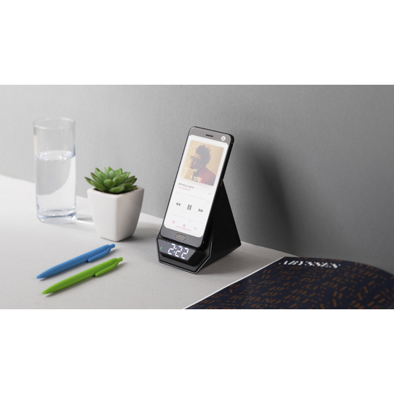 Настольная Bluetooth колонка (3Вт) "Smart Pyramid" с часами и беспроводным (15W) зарядным устройством, с подсветкой логотипа-2