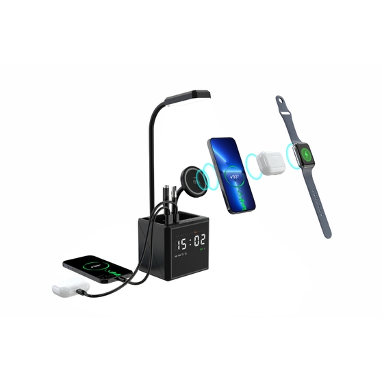 Лампа "Smart Flex" с беспроводным 3в1 (15W) ЗУ с MagSafe, часами, карандашницей и подсветкой логотипа-1