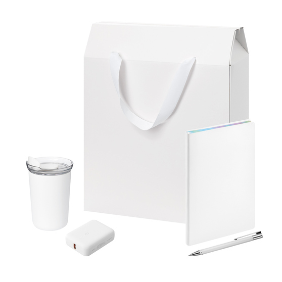 Подарочный набор Велком Пак (Welcome Pack), белый (термокружка, ежедневник, ручка, ЗУ, коробка-пакет)-1