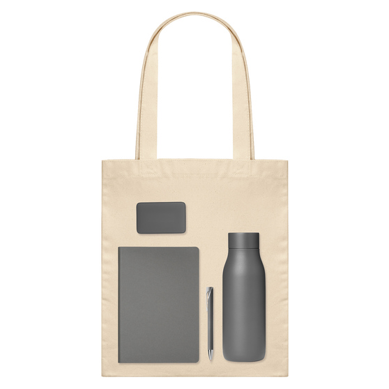 Подарочный набор Велком Пак (Welcome Pack), серый (термобутылка, ежедневник, ручка, ЗУ, шоппер)-1