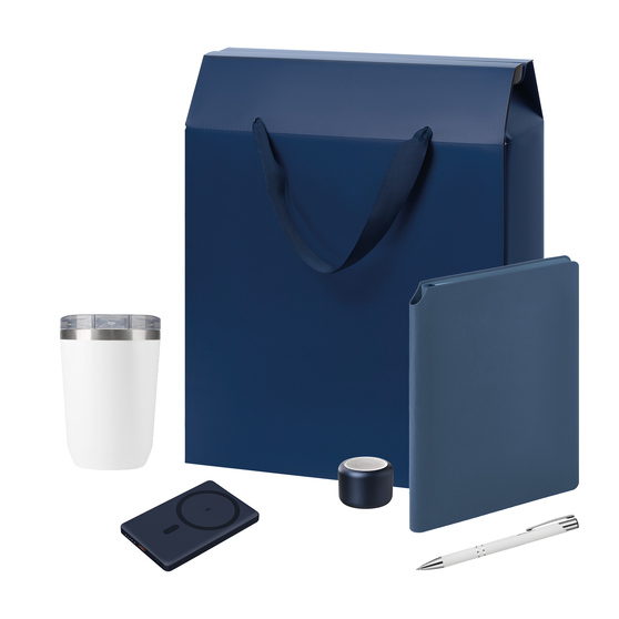 Подарочный набор Велком Пак Премиум (Welcome Pack Premium), синий (термокружка, колонка, ежедневник, ручка, ЗУ, коробка-пакет)-1