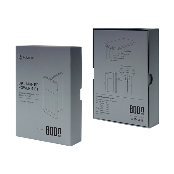 Внешний аккумулятор с подсветкой Bplanner Power 4 ST, 8000 mAh (Белый)-5