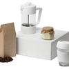 френч-пресс- прозрачный/белый, стеклянный стакан- прозрачный/белый, упаковка кофе- крафт, бумажный наполнитель- серый